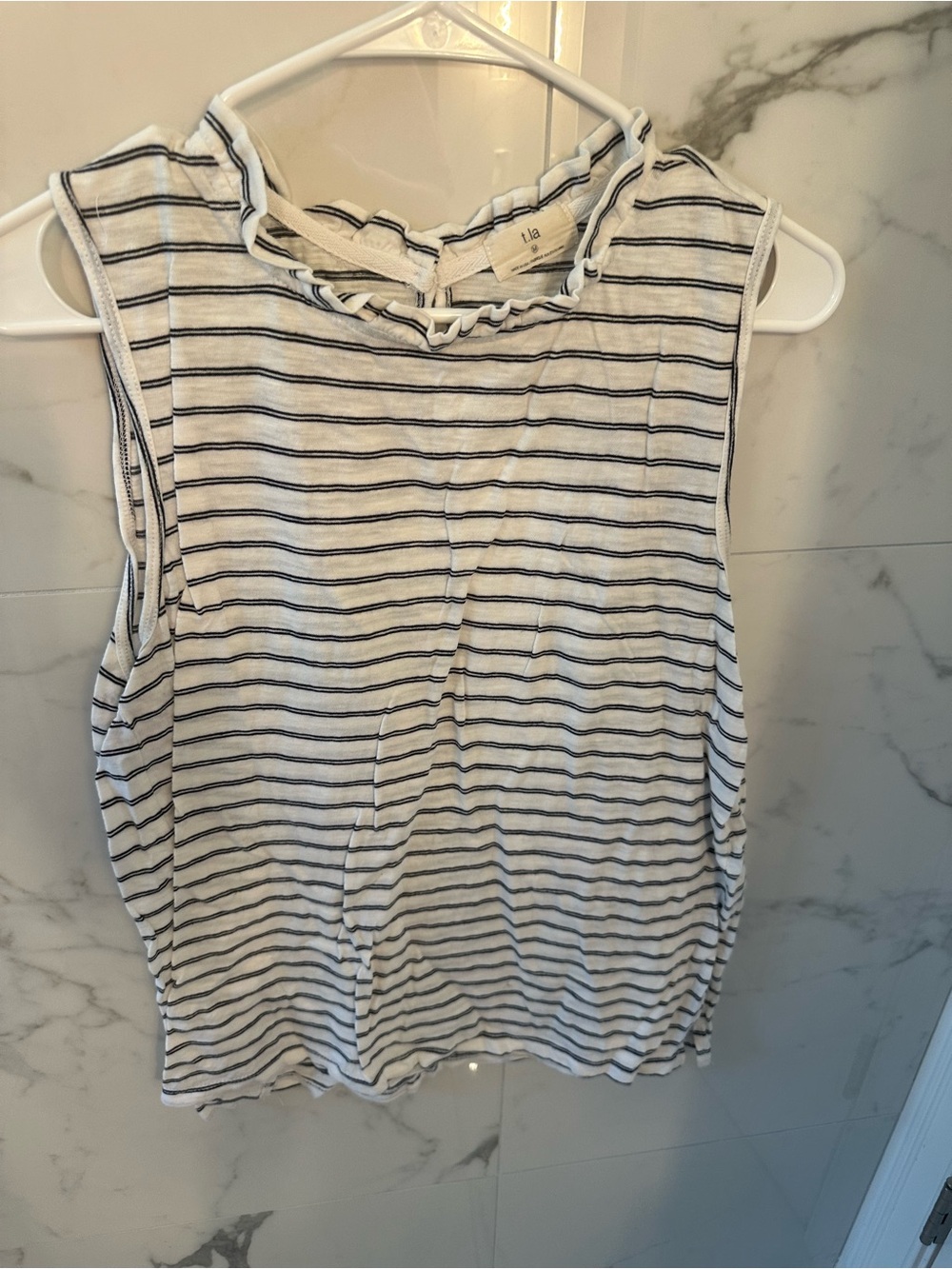 T.La White Tank with Black Stripes and Ruffle Neck